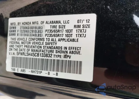 2012 Honda Odyssey Ex from USA, damaged, VIN 5FNRL5H45CB133832